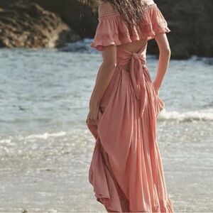 Free People Off-Shoulder Tie-Back Maxi Dress in light coral pink